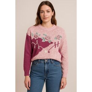 Vintage Hunters‎ Glen Pink Textured Floral Embroidered Sweater Women's M Cottage